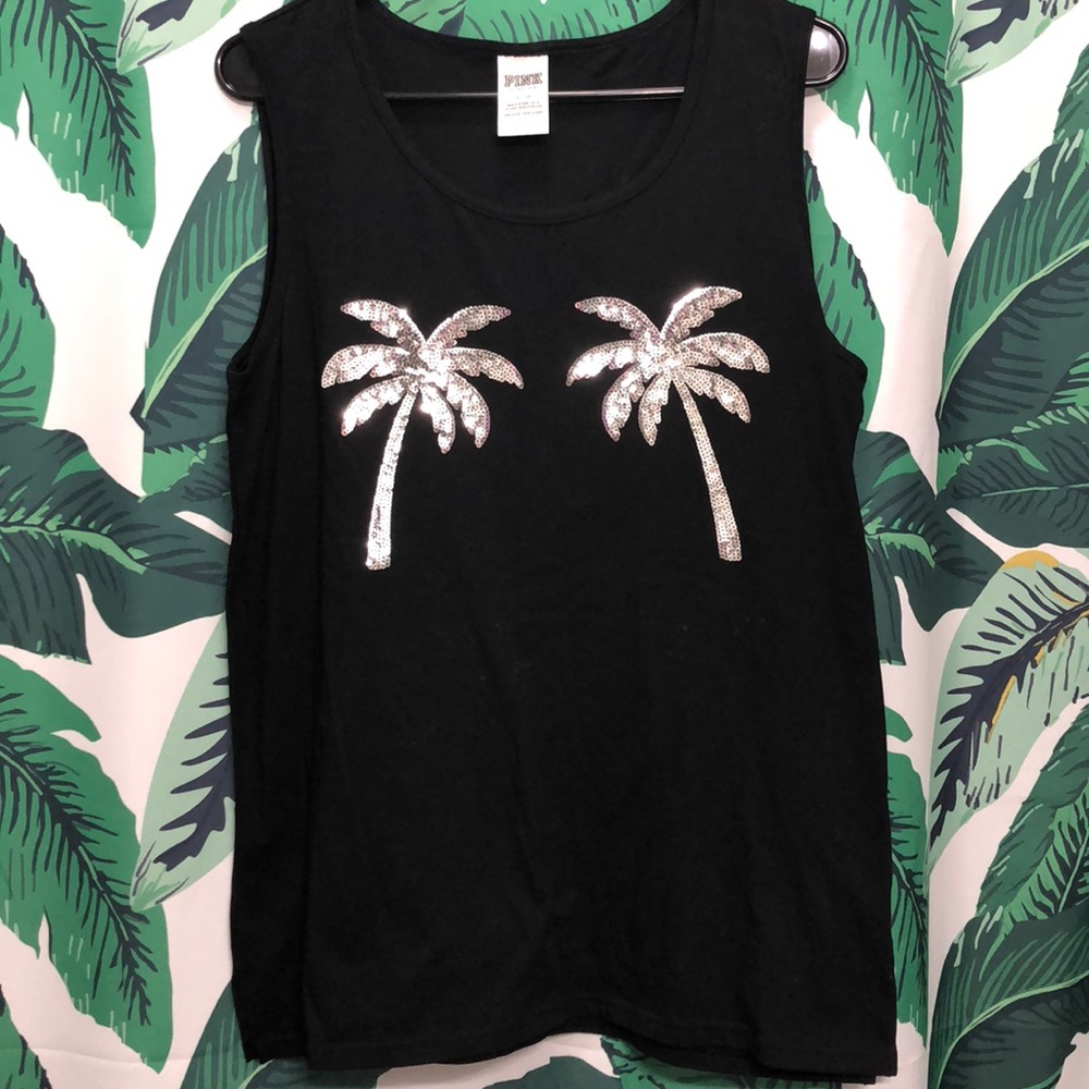 PINK Bling Tank Black Sequin Palm Trees 🌴✨